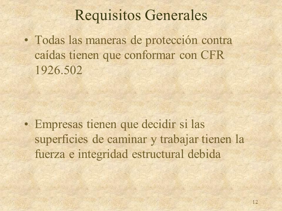 Requisitos Generales Todas las maneras de protección contra caídas tienen que conformar con CFR