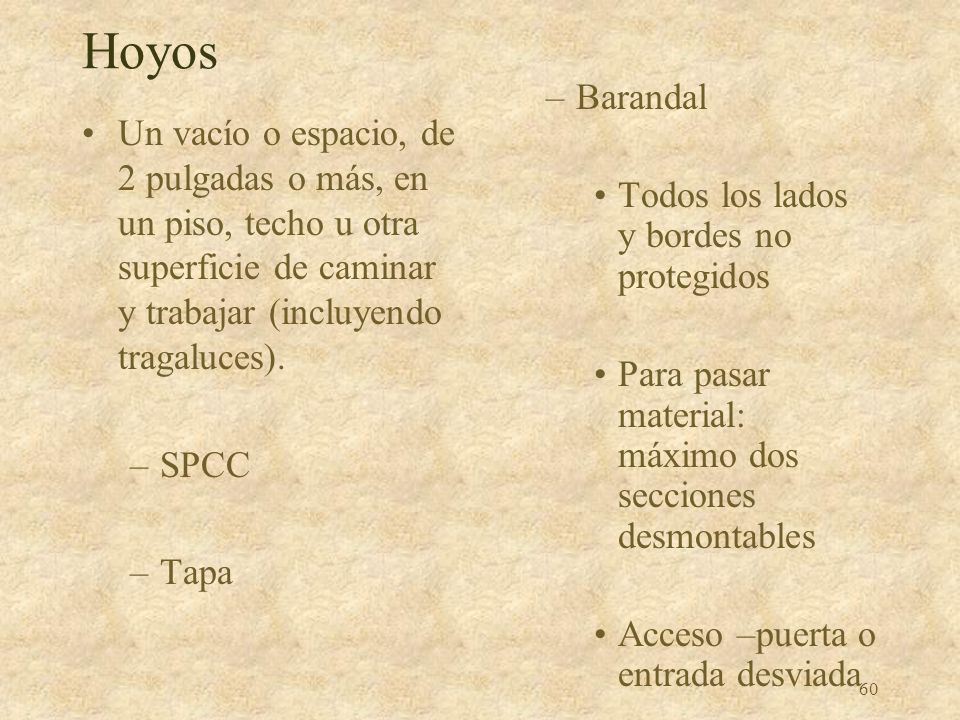 Hoyos Barandal. Todos los lados y bordes no protegidos. Para pasar material: máximo dos secciones desmontables.