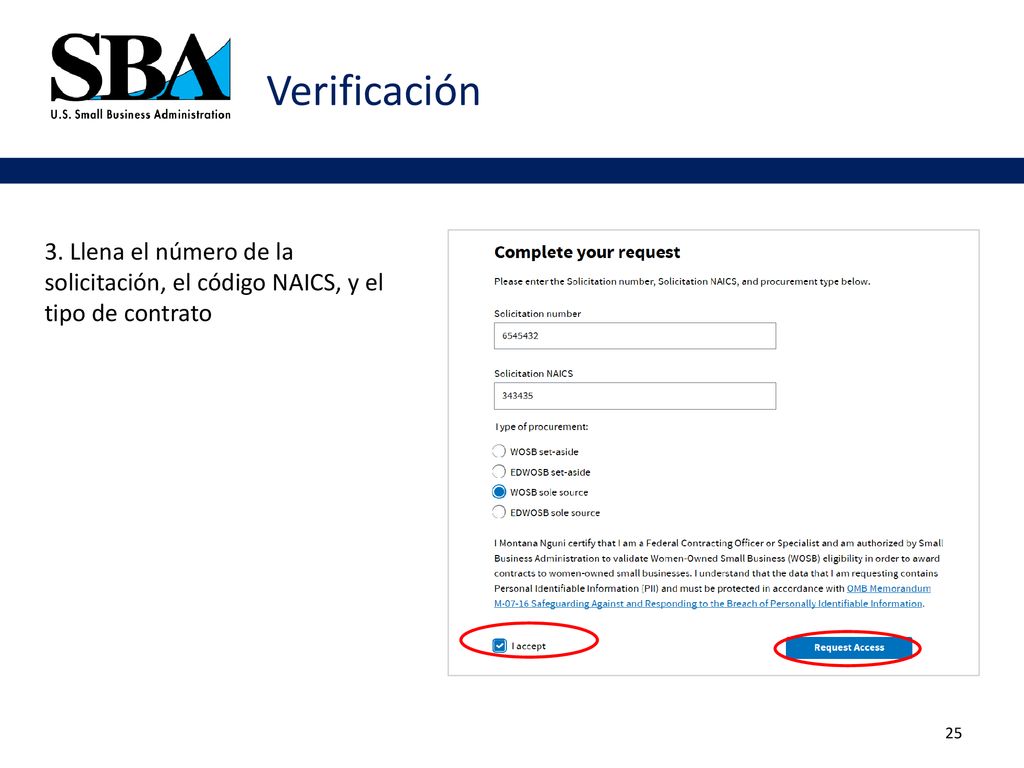 Verificación 3. Llena el número de la solicitación, el código NAICS, y el tipo de contrato