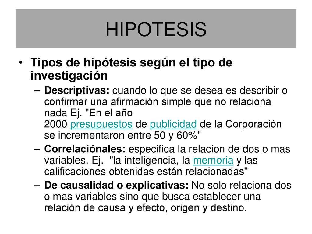 HIPOTESIS Tipos de hipótesis según el tipo de investigación