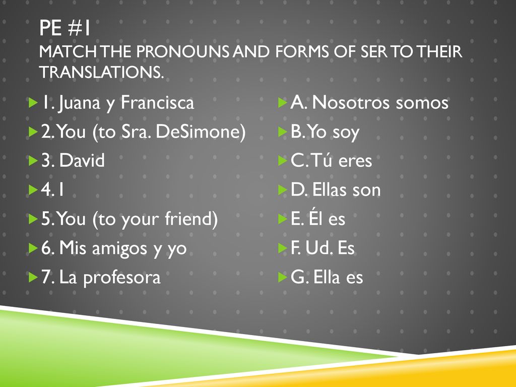 PE #1 Match the pronouns and forms of ser to their translations.