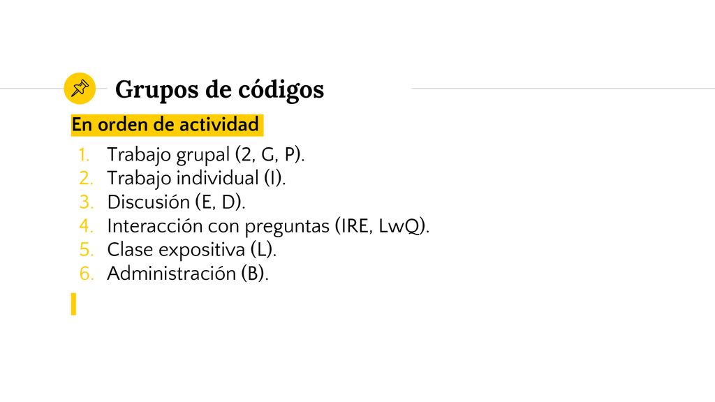 Grupos de códigos En orden de actividad Trabajo grupal (2, G, P).