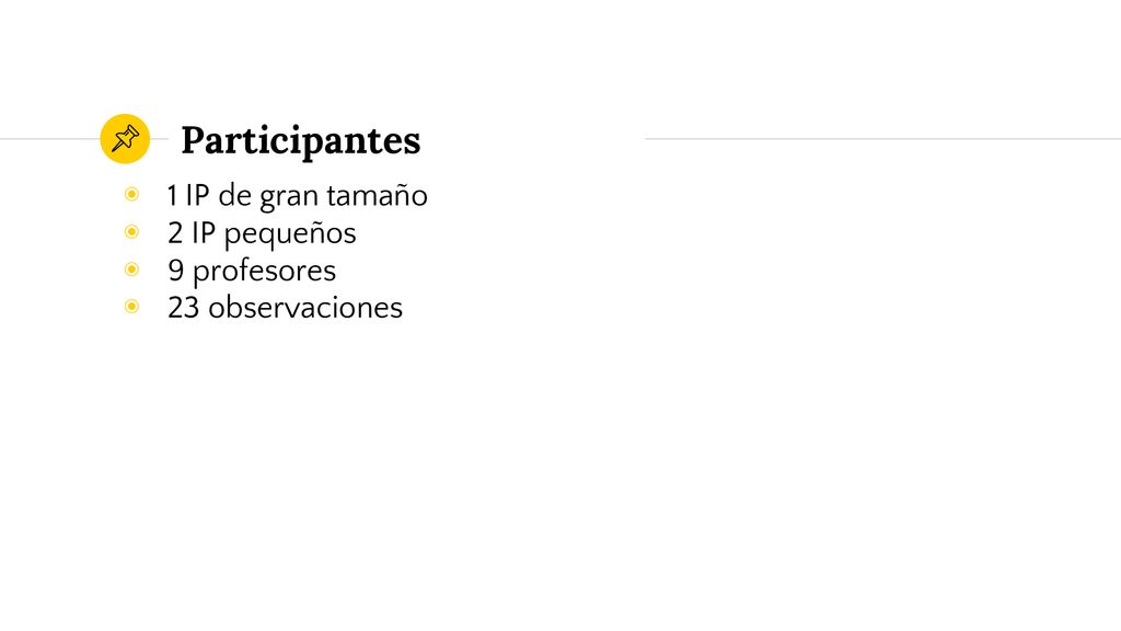 Participantes 1 IP de gran tamaño 2 IP pequeños 9 profesores