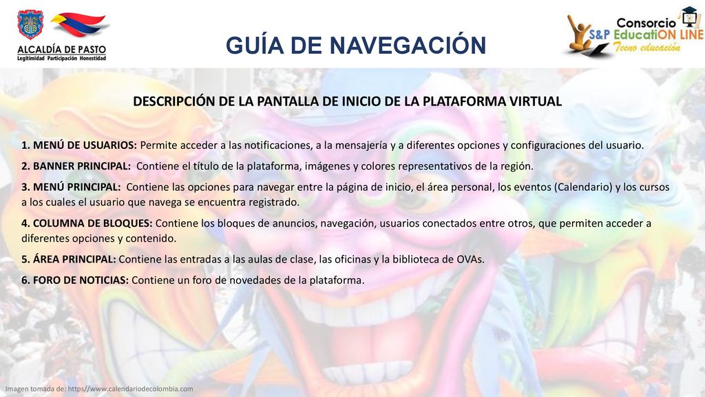 DESCRIPCIÓN DE LA PANTALLA DE INICIO DE LA PLATAFORMA VIRTUAL