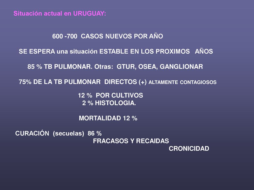 Situación actual en URUGUAY: CASOS NUEVOS POR AÑO SE ESPERA una situación ESTABLE EN LOS PROXIMOS AÑOS 85 % TB PULMONAR.
