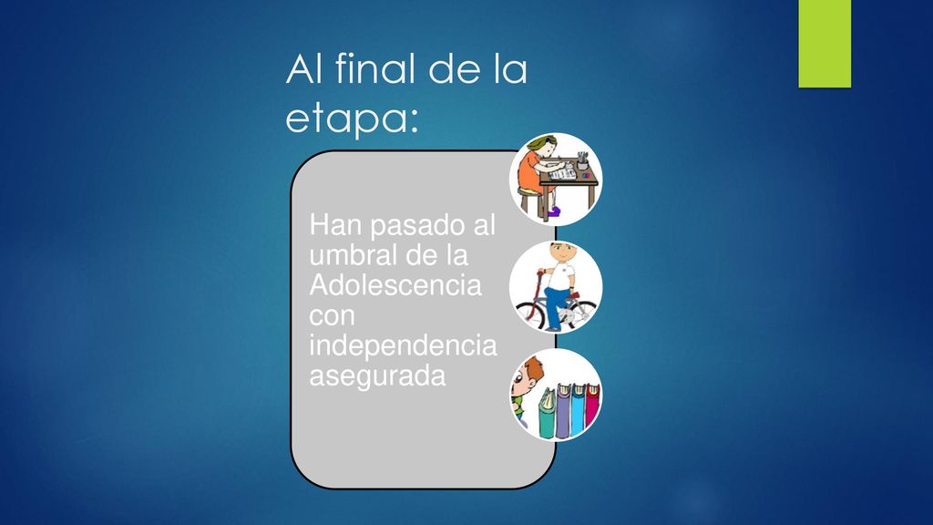 Al final de la etapa: Han pasado al umbral de la Adolescencia con independencia asegurada.