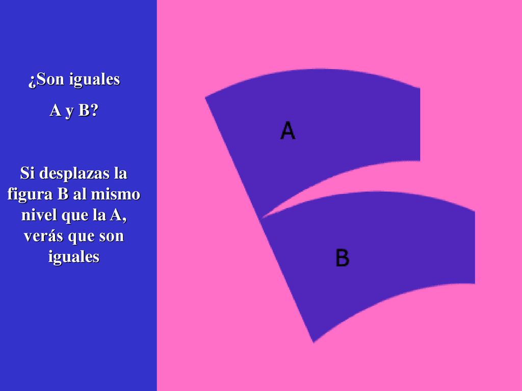 ¿Son iguales A y B Si desplazas la figura B al mismo nivel que la A, verás que son iguales