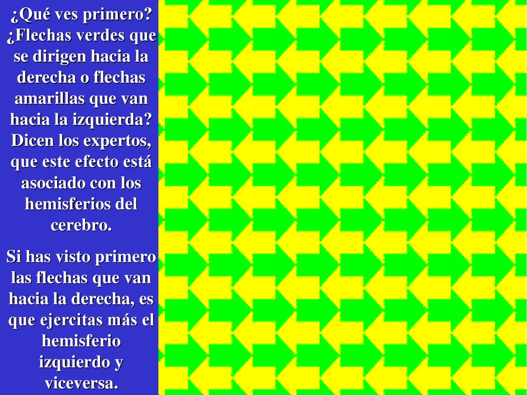 ¿Qué ves primero ¿Flechas verdes que se dirigen hacia la derecha o flechas amarillas que van hacia la izquierda Dicen los expertos, que este efecto está asociado con los hemisferios del cerebro.