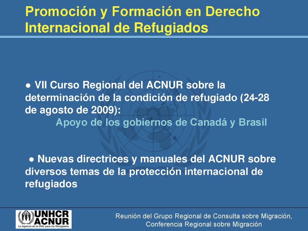 Promoción y Formación en Derecho Internacional de Refugiados ● VII Curso Regional del ACNUR sobre la determinación de la condición de refugiado (24-28 de agosto de 2009): Apoyo de los gobiernos de Canadá y Brasil ● Nuevas directrices y manuales del ACNUR sobre diversos temas de la protección internacional de refugiados
