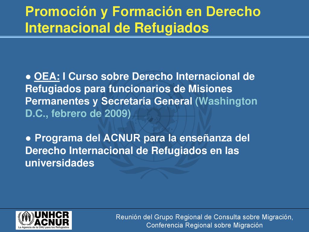 Promoción y Formación en Derecho Internacional de Refugiados ● OEA: I Curso sobre Derecho Internacional de Refugiados para funcionarios de Misiones Permanentes y Secretaría General (Washington D.C., febrero de 2009) ● Programa del ACNUR para la enseñanza del Derecho Internacional de Refugiados en las universidades