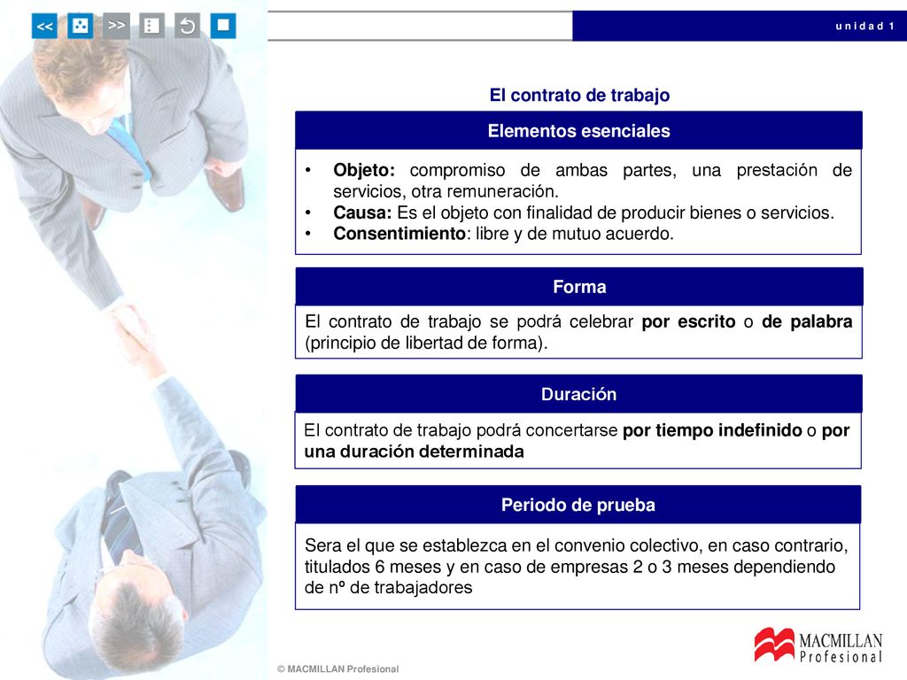 El contrato de trabajo Elementos esenciales. Objeto: compromiso de ambas partes, una prestación de servicios, otra remuneración.