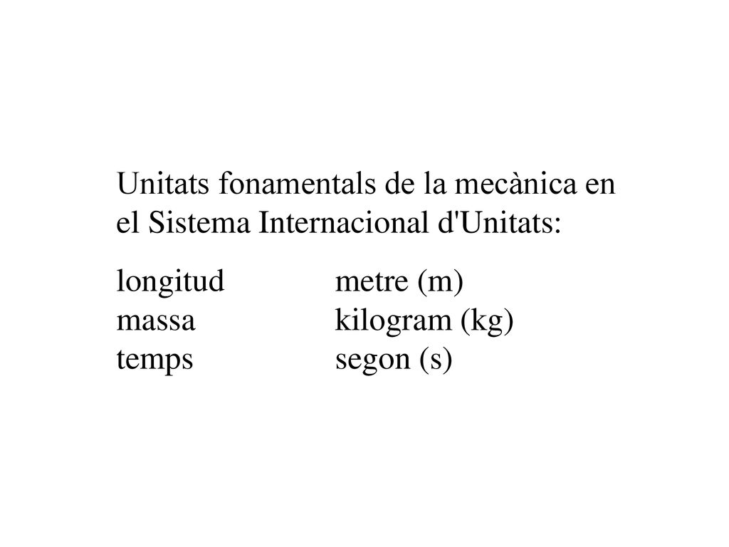 Unitats fonamentals de la mecànica en el Sistema Internacional d Unitats: