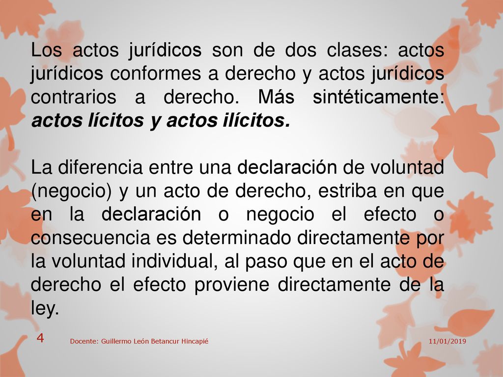 Los actos jurídicos son de dos clases: actos jurídicos conformes a derecho y actos jurídicos contrarios a derecho. Más sintéticamente: actos lícitos y actos ilícitos.