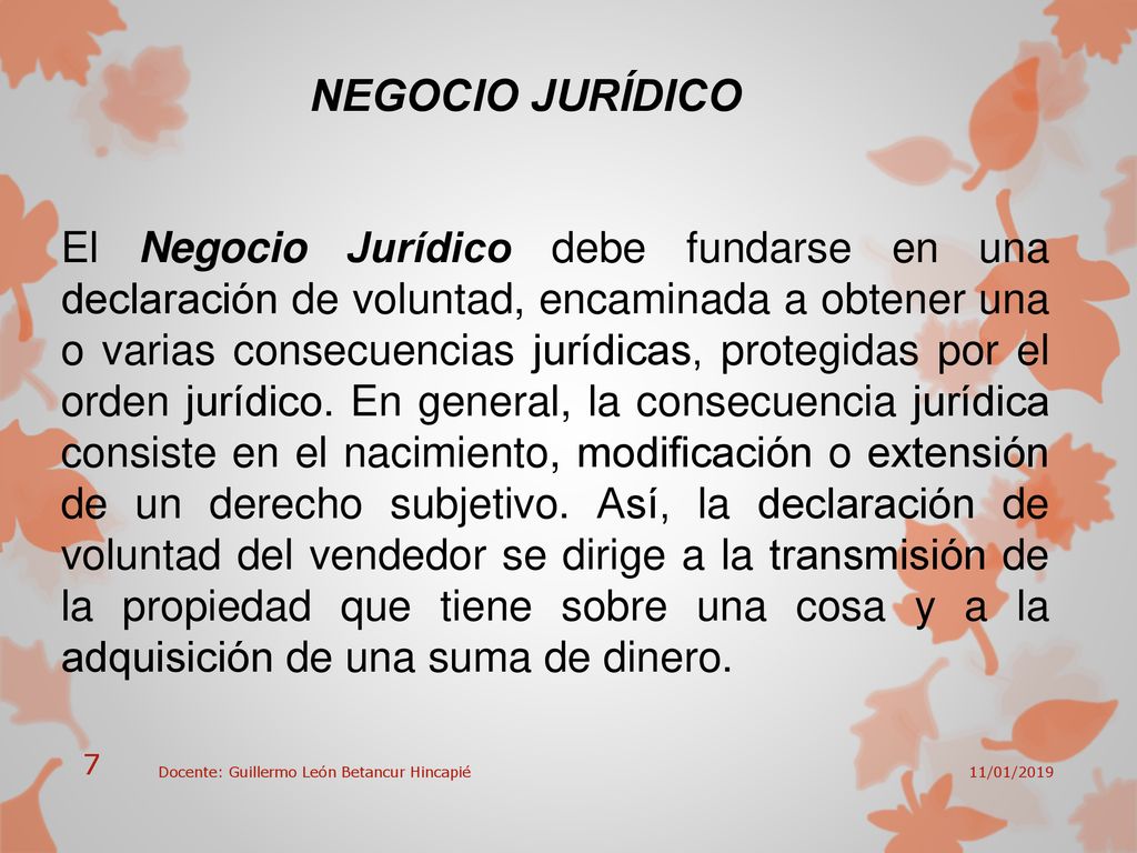 El Negocio Jurídico debe fundarse en una declaración de voluntad, encaminada a obtener una o varias consecuencias jurídicas, protegidas por el orden jurídico. En general, la consecuencia jurídica consiste en el nacimiento, modificación o extensión de un derecho subjetivo. Así, la declaración de voluntad del vendedor se dirige a la transmisión de la propiedad que tiene sobre una cosa y a la adquisición de una suma de dinero.