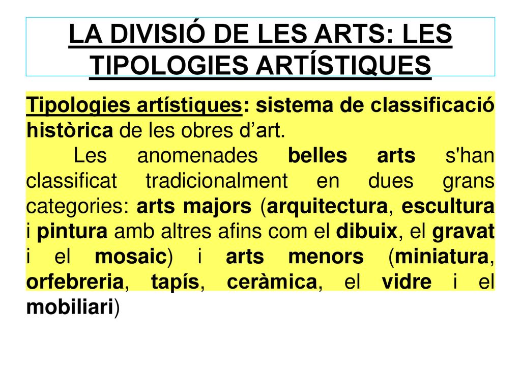 LA DIVISIÓ DE LES ARTS: LES TIPOLOGIES ARTÍSTIQUES