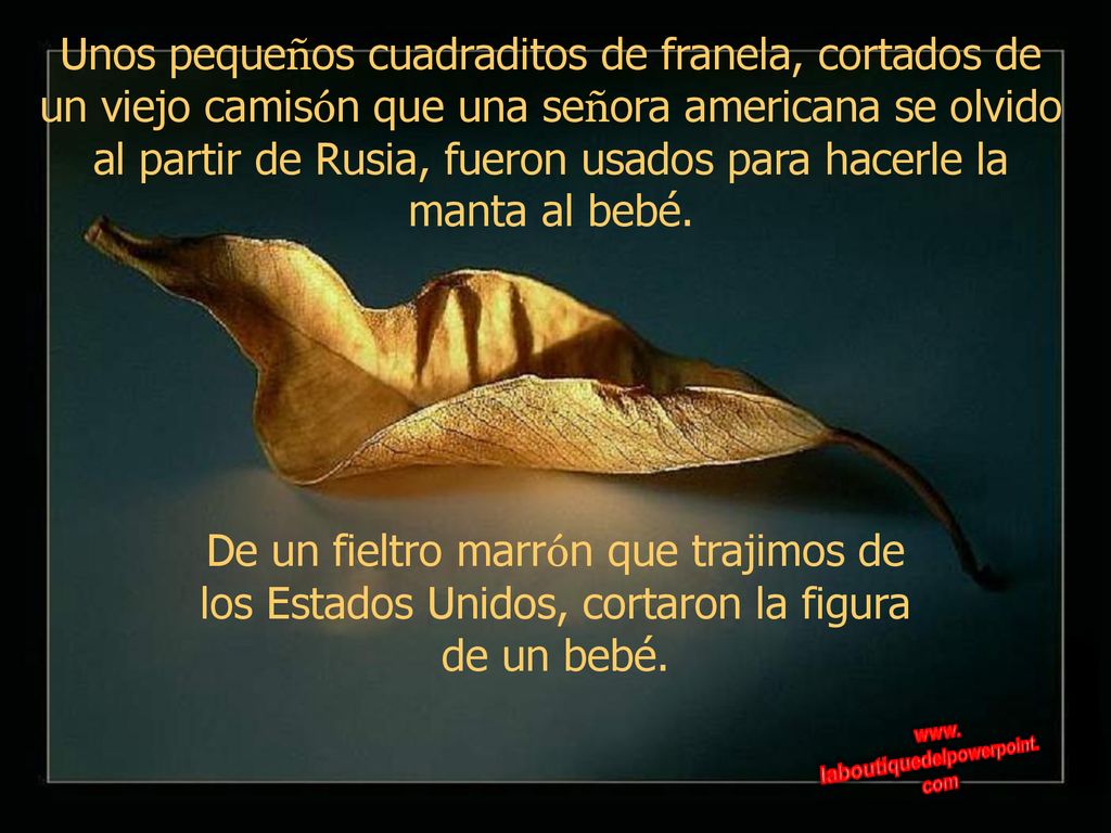 Unos pequeños cuadraditos de franela, cortados de un viejo camisón que una señora americana se olvido al partir de Rusia, fueron usados para hacerle la