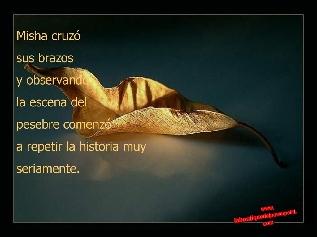 Misha cruzó sus brazos. y observando. la escena del. pesebre comenzó. a repetir la historia muy.