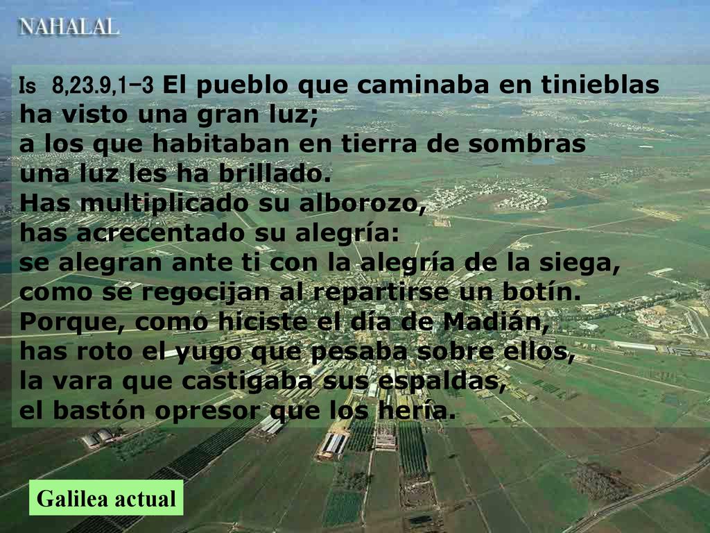 Is 8,23.9,1-3 El pueblo que caminaba en tinieblas ha visto una gran luz; a los que habitaban en tierra de sombras una luz les ha brillado. Has multiplicado su alborozo, has acrecentado su alegría: se alegran ante ti con la alegría de la siega, como se regocijan al repartirse un botín. Porque, como hiciste el día de Madián, has roto el yugo que pesaba sobre ellos, la vara que castigaba sus espaldas, el bastón opresor que los hería.