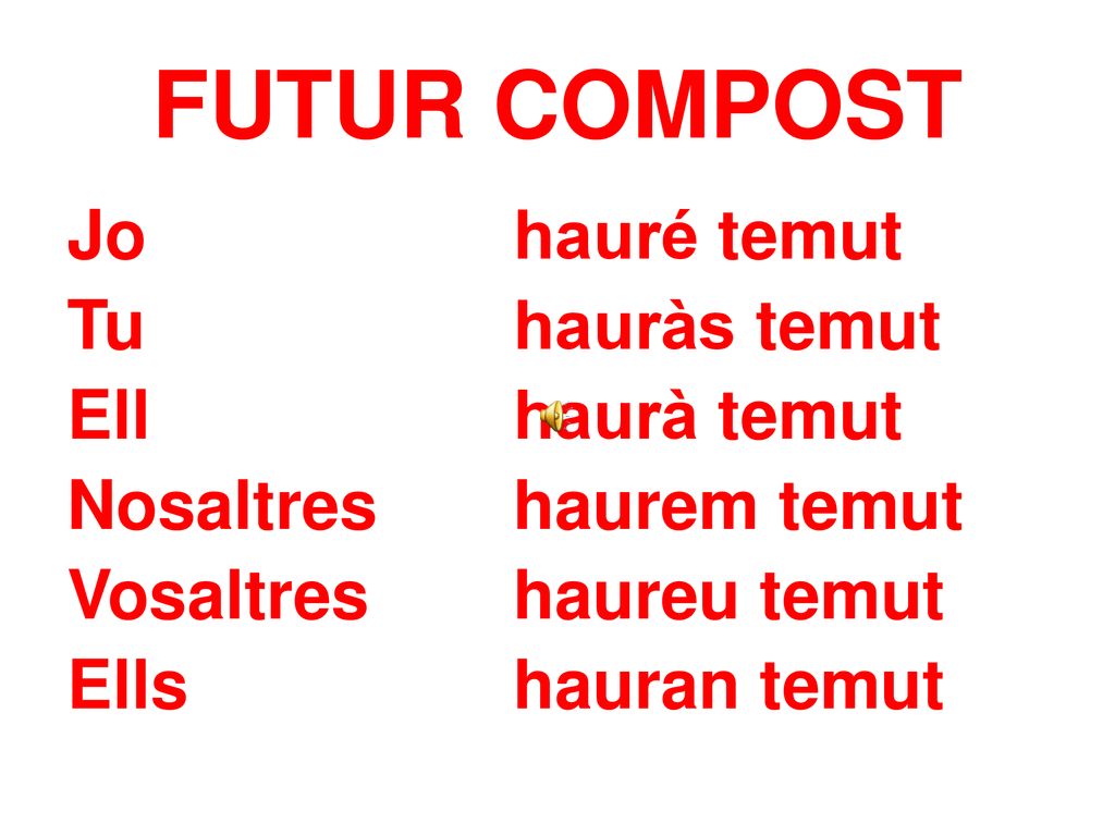 FUTUR COMPOST Jo hauré temut Tu hauràs temut Ell haurà temut Nosaltres haurem temut Vosaltres haureu temut Ells hauran temut