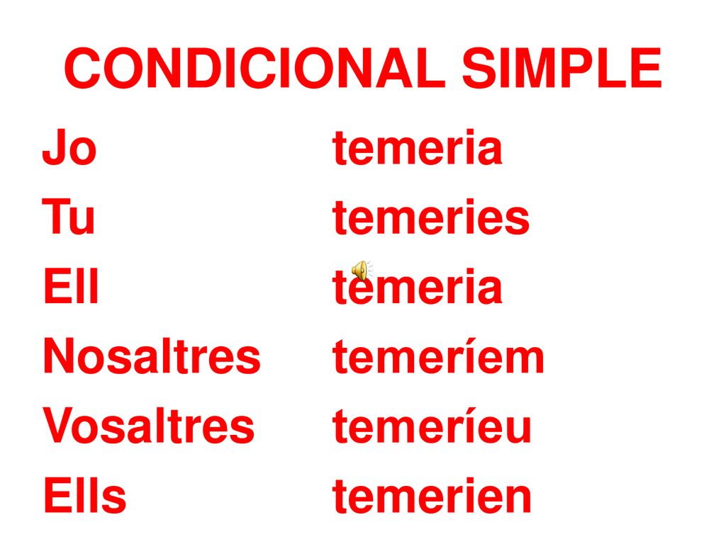 CONDICIONAL SIMPLE Jo temeria Tu temeries Ell temeria Nosaltres temeríem Vosaltres temeríeu Ells temerien
