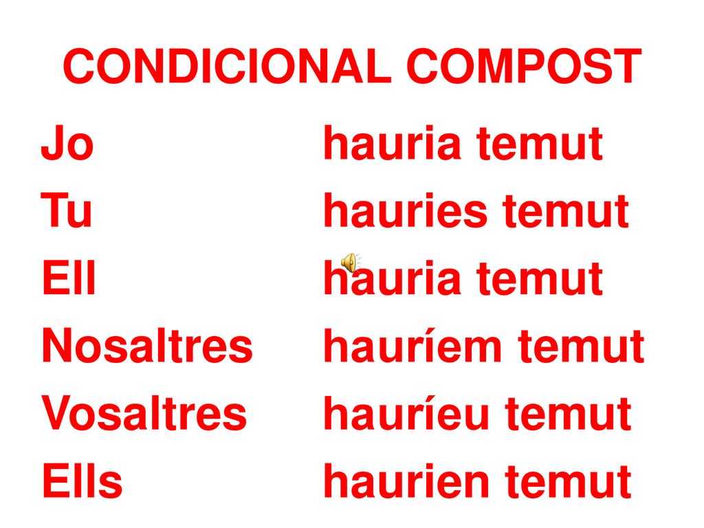 CONDICIONAL COMPOST Jo hauria temut Tu hauries temut Ell hauria temut Nosaltres hauríem temut Vosaltres hauríeu temut Ells haurien temut