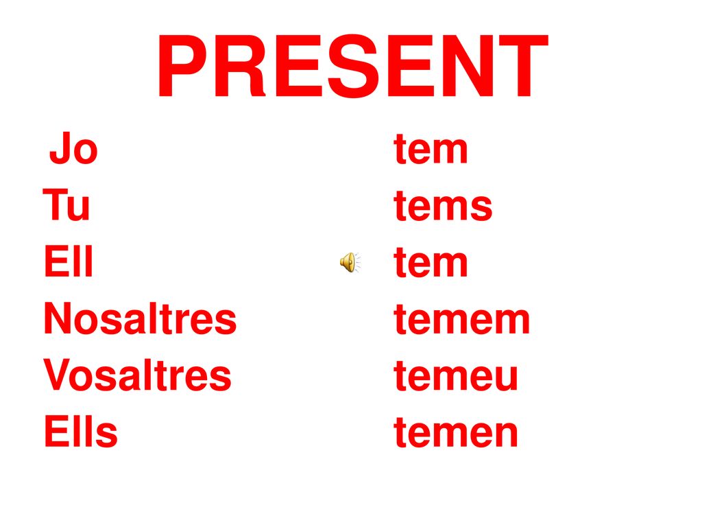 PRESENT Tu tems Ell tem Nosaltres temem Vosaltres temeu Ells temen