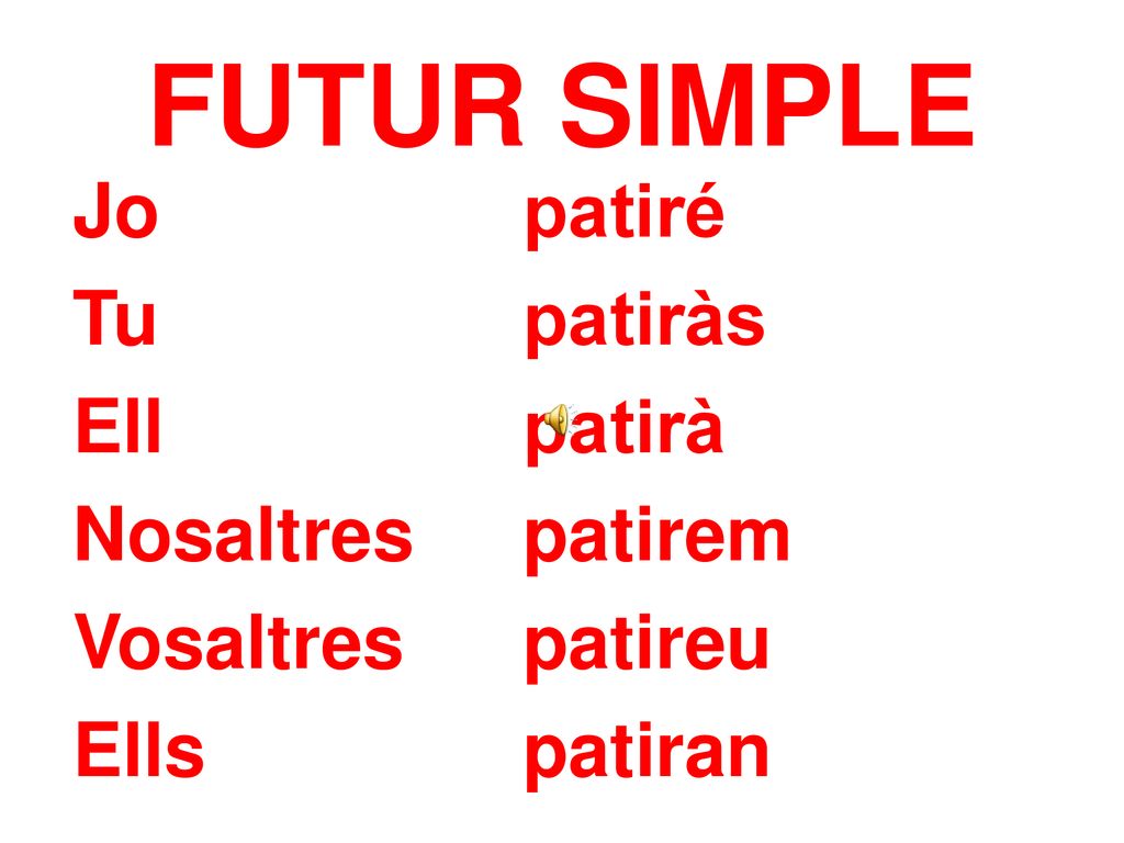 FUTUR SIMPLE Jo patiré Tu patiràs Ell patirà Nosaltres patirem Vosaltres patireu Ells patiran