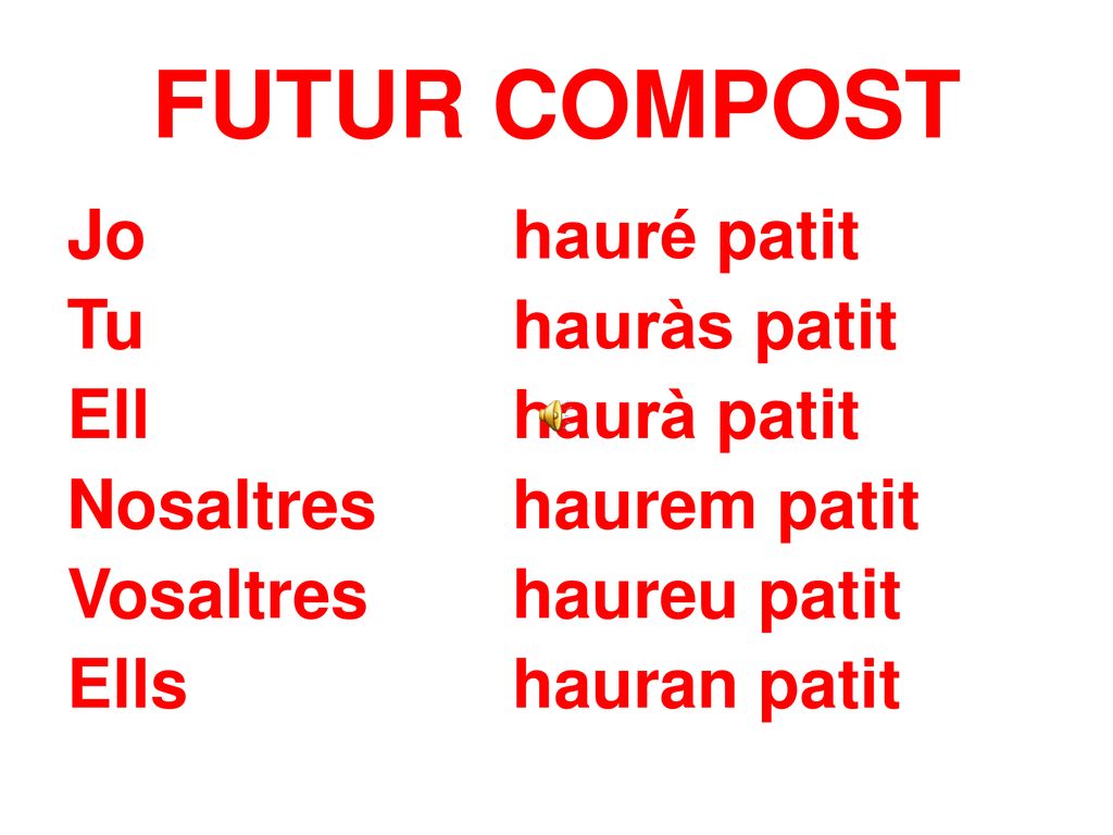 FUTUR COMPOST Jo hauré patit Tu hauràs patit Ell haurà patit Nosaltres haurem patit Vosaltres haureu patit Ells hauran patit