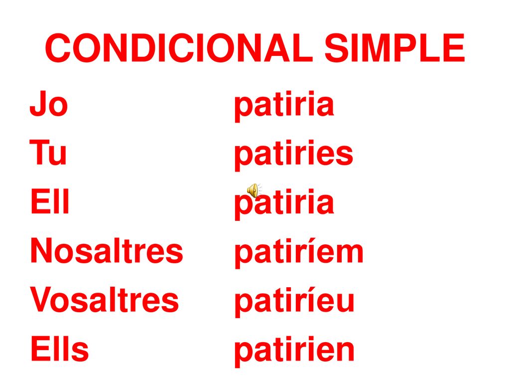 CONDICIONAL SIMPLE Jo patiria Tu patiries Ell patiria Nosaltres patiríem Vosaltres patiríeu Ells patirien