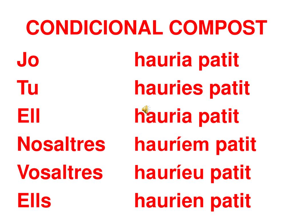 CONDICIONAL COMPOST Jo hauria patit Tu hauries patit Ell hauria patit Nosaltres hauríem patit Vosaltres hauríeu patit Ells haurien patit