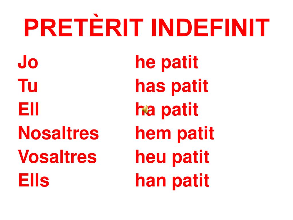 PRETÈRIT INDEFINIT Jo he patit Tu has patit Ell ha patit Nosaltres hem patit Vosaltres heu patit Ells han patit