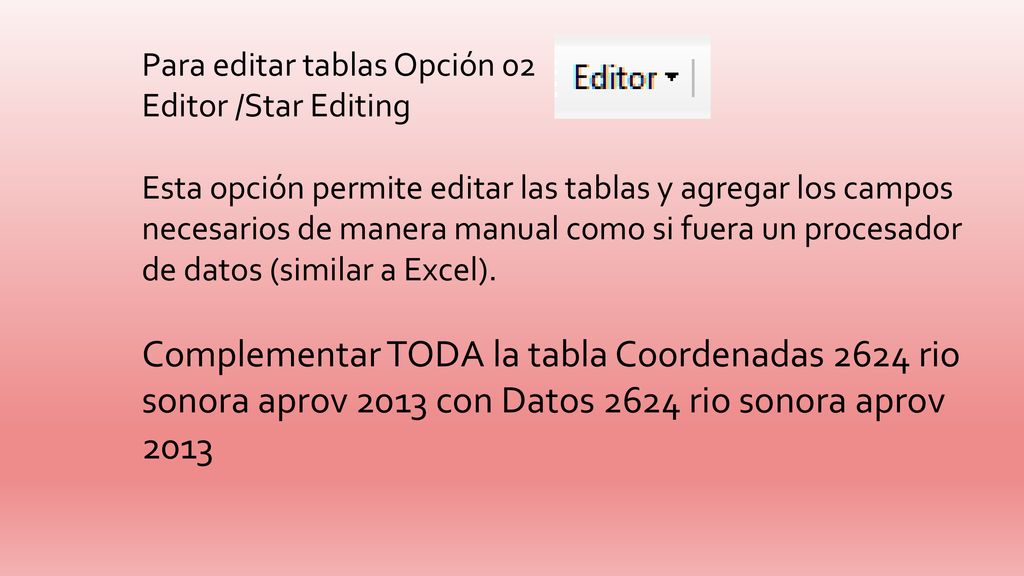 Para editar tablas Opción 02 Editor /Star Editing Esta opción permite editar las tablas y agregar los campos necesarios de manera manual como si fuera un procesador de datos (similar a Excel).