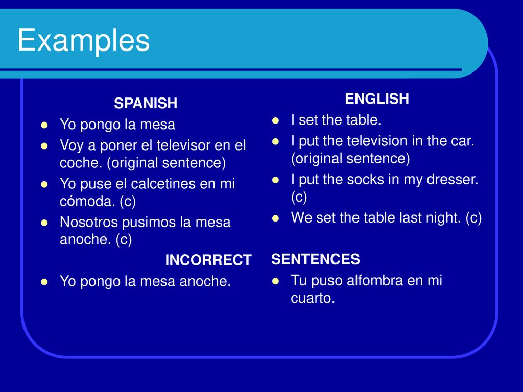 Examples ENGLISH SPANISH I set the table. Yo pongo la mesa