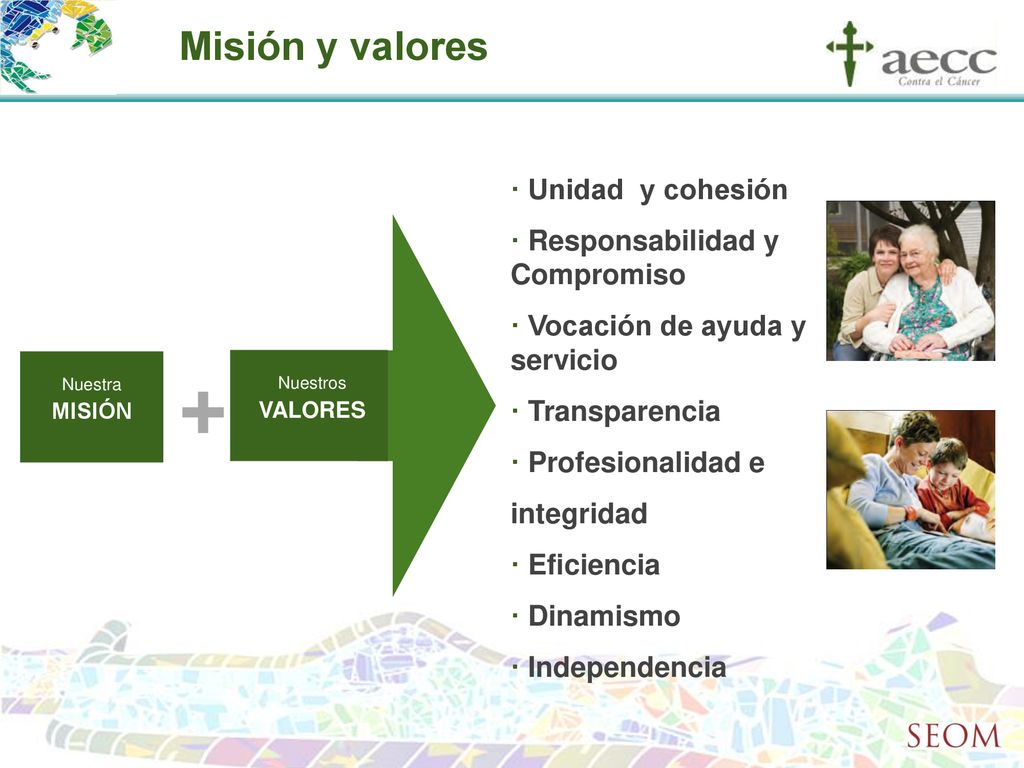 + Misión y valores · Unidad y cohesión · Responsabilidad y Compromiso
