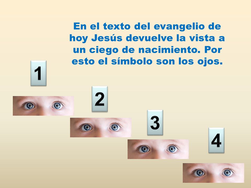 En el texto del evangelio de hoy Jesús devuelve la vista a un ciego de nacimiento. Por esto el símbolo son los ojos.