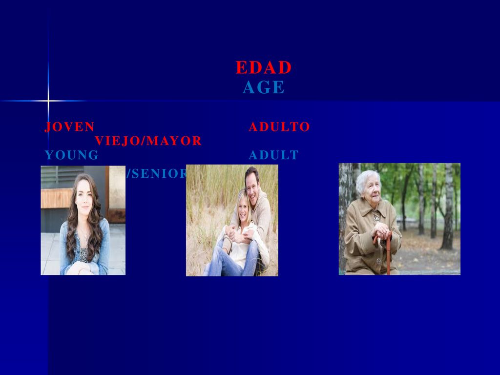 Edad age Joven adulto Viejo/mayor Young adult Old/senior