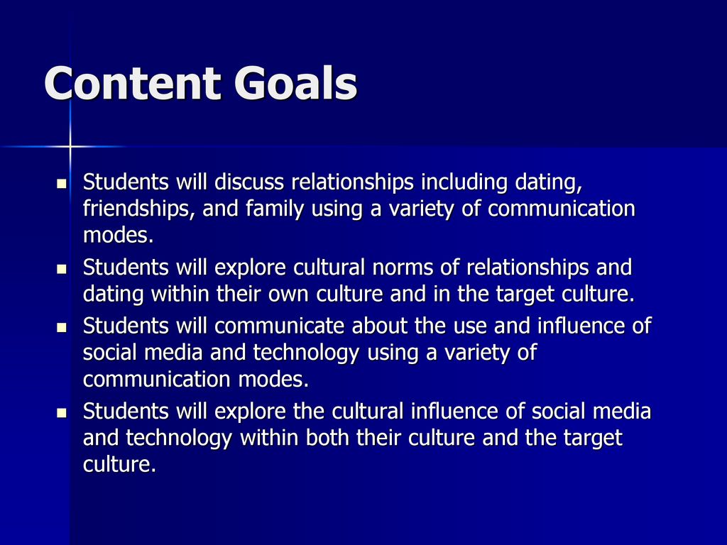 Content Goals Students will discuss relationships including dating, friendships, and family using a variety of communication modes.
