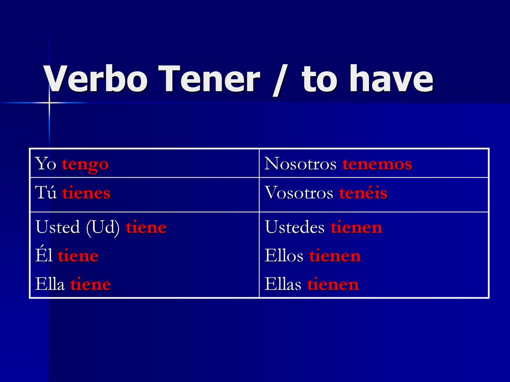 Verbo Tener / to have Yo tengo Nosotros tenemos Tú tienes