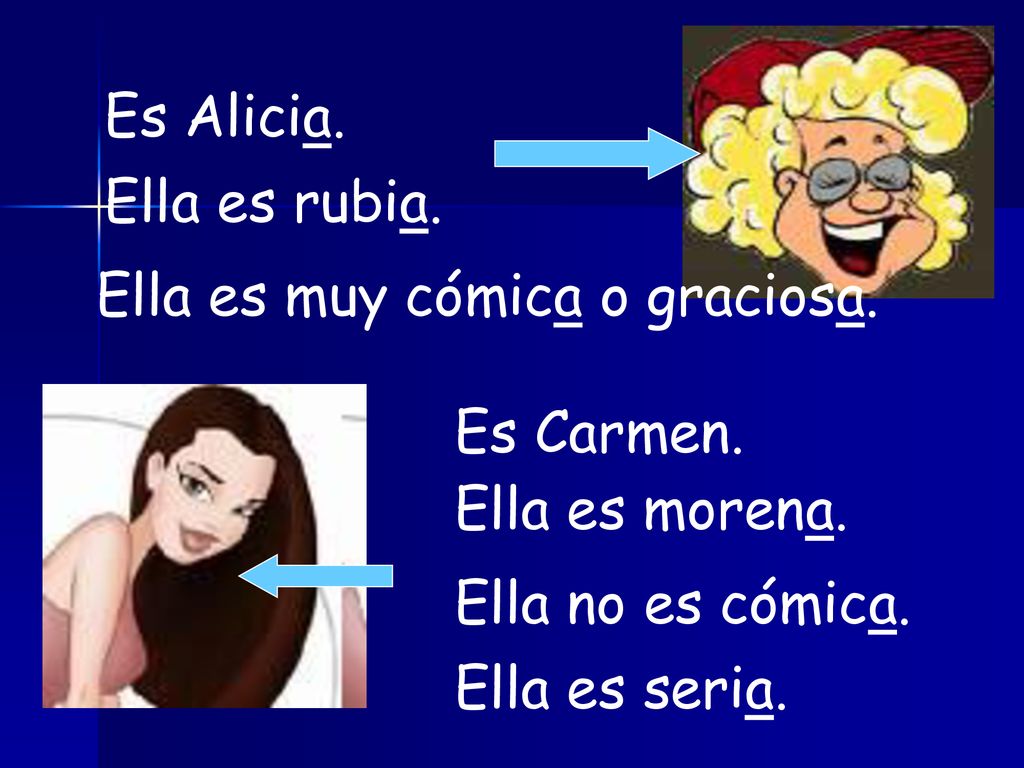 Es Alicia. Ella es rubia. Ella es muy cómica o graciosa. Es Carmen. Ella es morena. Ella no es cómica.