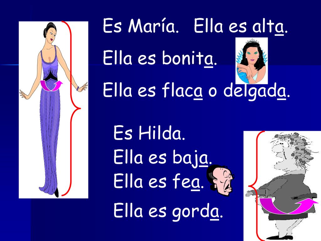 Es María. Ella es alta. Ella es bonita. Ella es flaca o delgada. Es Hilda. Ella es baja. Ella es fea.