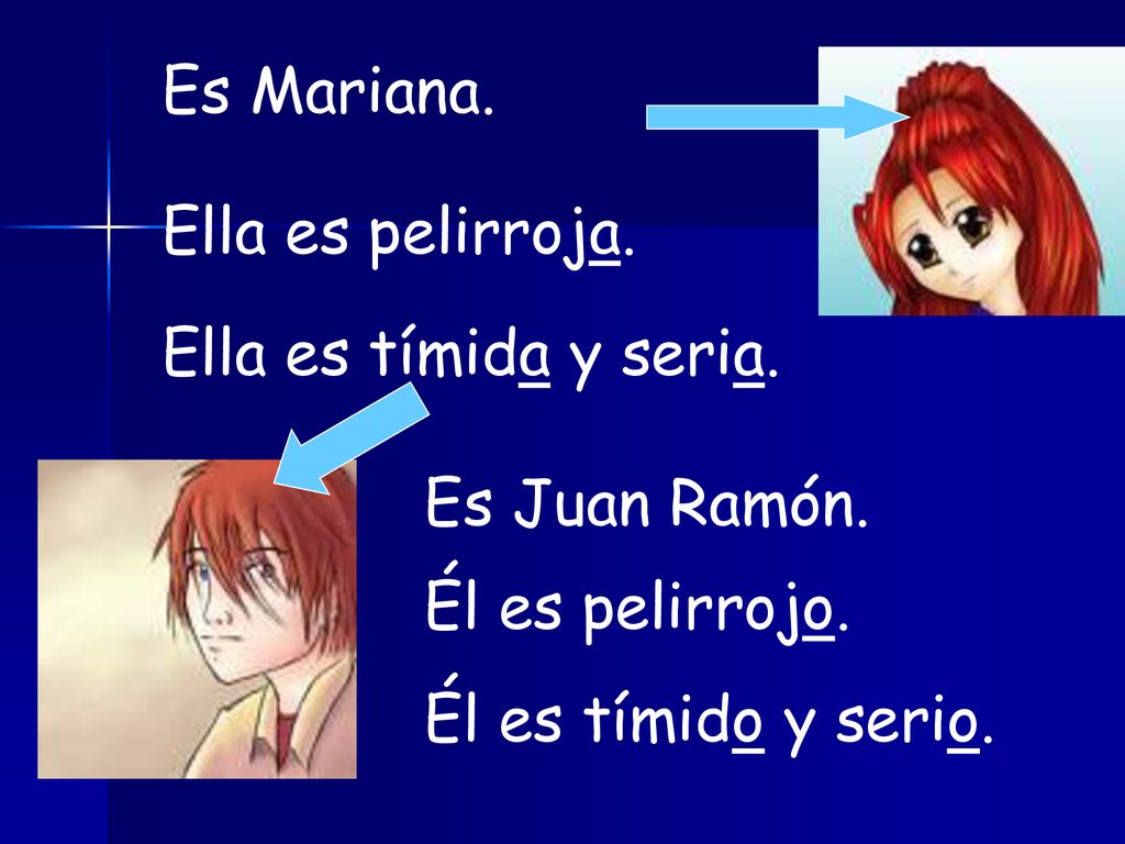 Es Mariana. Ella es pelirroja. Ella es tímida y seria.