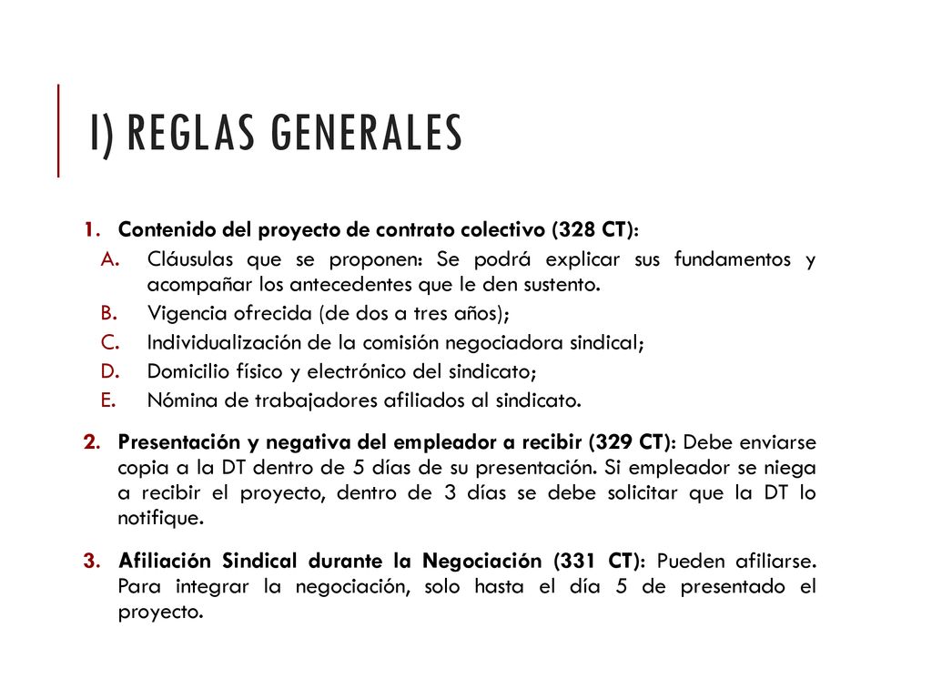 i) Reglas generales Contenido del proyecto de contrato colectivo (328 CT):