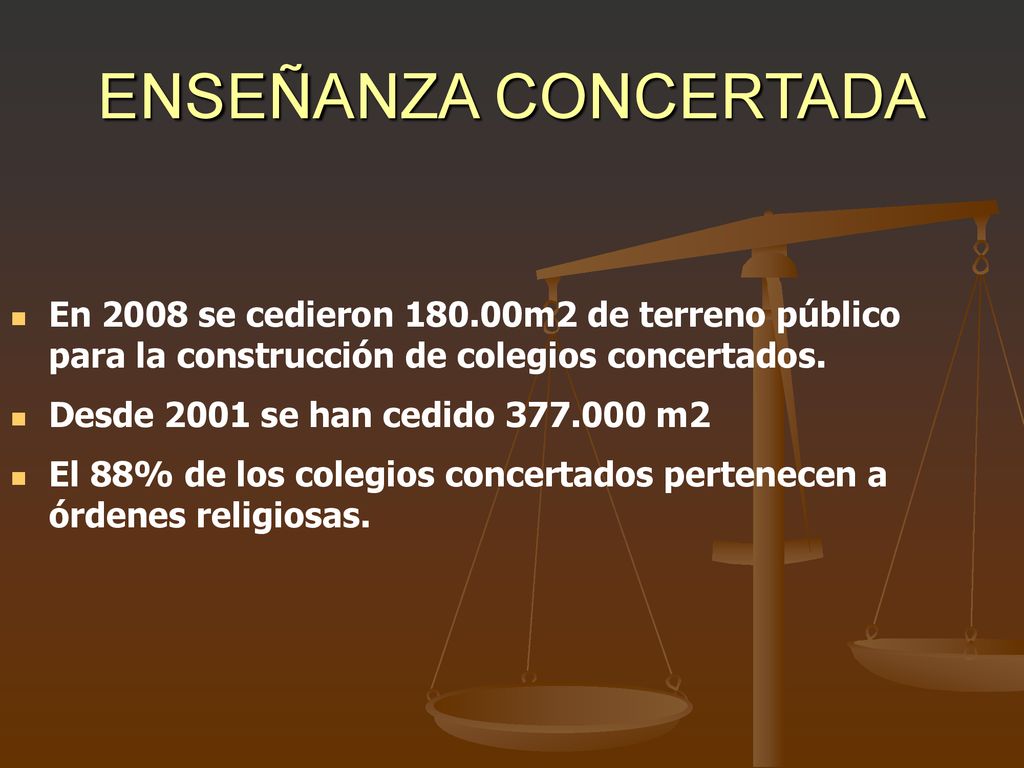 ENSEÑANZA CONCERTADA En 2008 se cedieron m2 de terreno público para la construcción de colegios concertados.