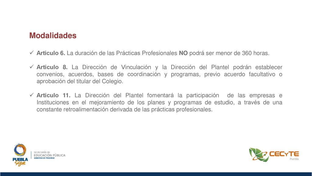 Modalidades Artículo 6. La duración de las Prácticas Profesionales NO podrá ser menor de 360 horas.