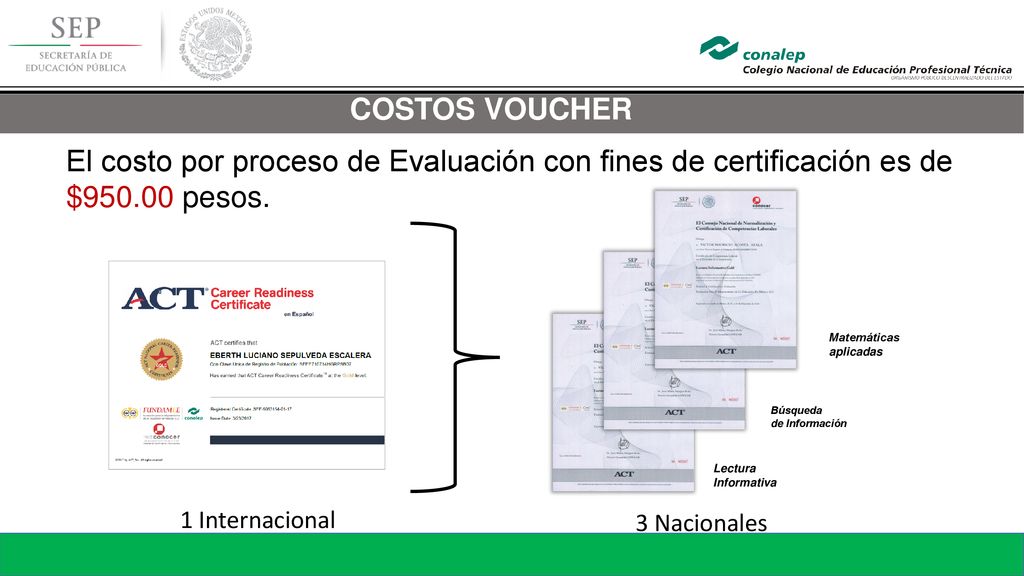 COSTOS VOUCHER El costo por proceso de Evaluación con fines de certificación es de $ pesos. Búsqueda.