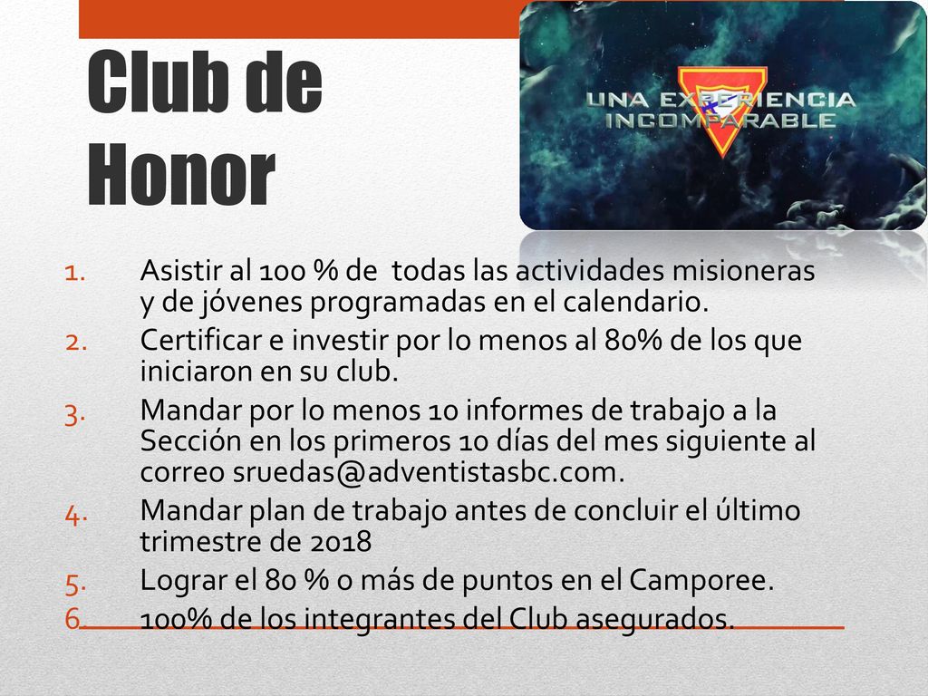 Club de Honor Asistir al 100 % de todas las actividades misioneras y de jóvenes programadas en el calendario.