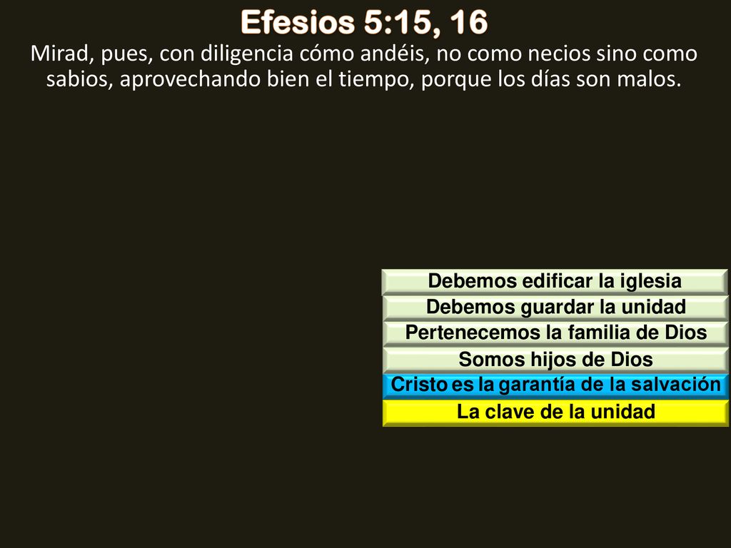 Efesios 5:15, 16 Mirad, pues, con diligencia cómo andéis, no como necios sino como sabios, aprovechando bien el tiempo, porque los días son malos.