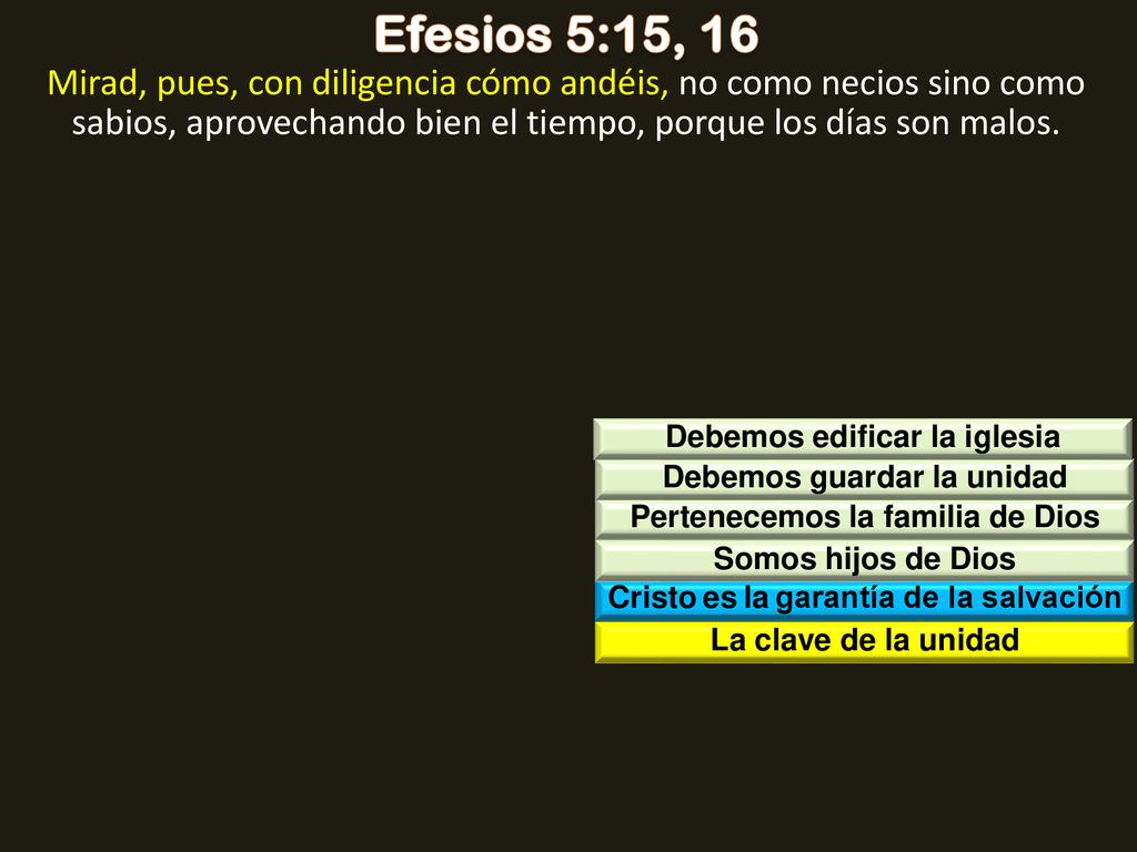 Efesios 5:15, 16 Mirad, pues, con diligencia cómo andéis, no como necios sino como sabios, aprovechando bien el tiempo, porque los días son malos.