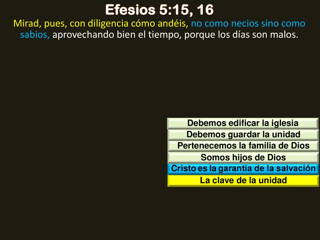 Efesios 5:15, 16 Mirad, pues, con diligencia cómo andéis, no como necios sino como sabios, aprovechando bien el tiempo, porque los días son malos.