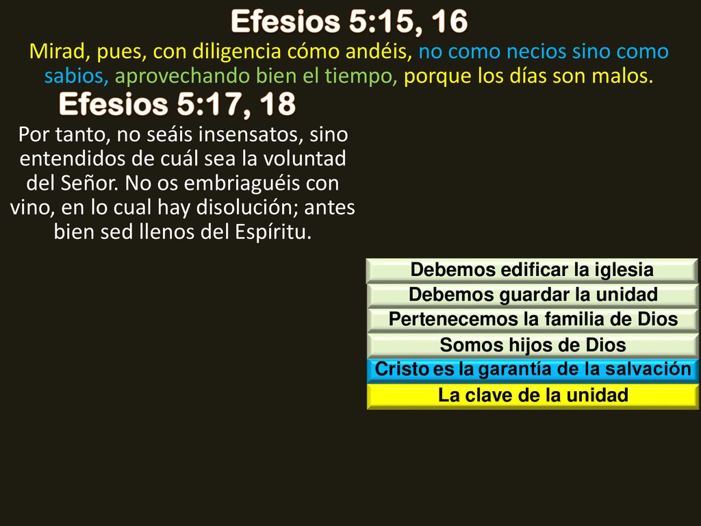 Efesios 5:15, 16 Mirad, pues, con diligencia cómo andéis, no como necios sino como sabios, aprovechando bien el tiempo, porque los días son malos.